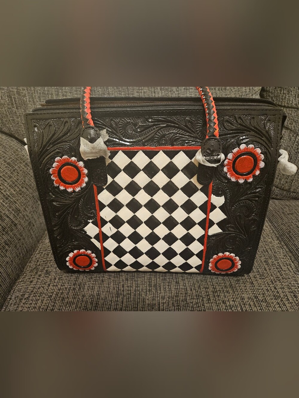 Black and White Checkered Leather Tote with Red Accents